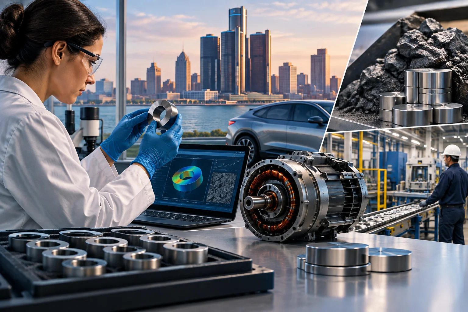 AI-generated editorial illustration for GM tests domestically made neodymium magnets at Pontiac labs as MP Materials ramps production in Michigan