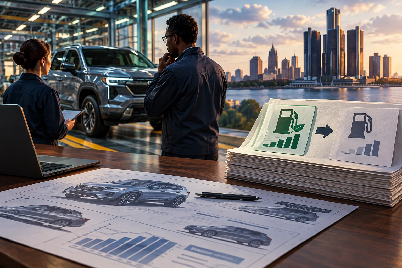 AI-generated editorial illustration for Federal Rollback of Fuel-Economy Rules Shifts Planning for Detroit Automakers