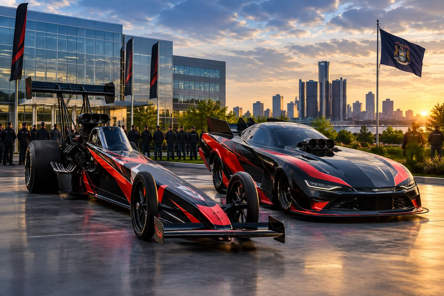 AI-generated editorial illustration for Tony Stewart Racing debuts Dodge NHRA livery at Stellantis HQ ahead of Michigan's big return
