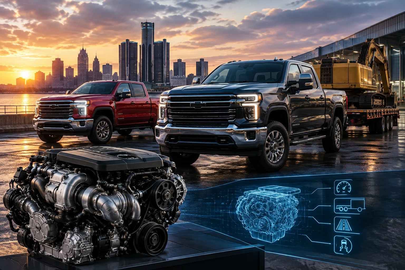 AI-generated editorial illustration for GM debuts in-house Duramax 8.3L V8 and new control tech for 2027 Silverado and Sierra HDs
