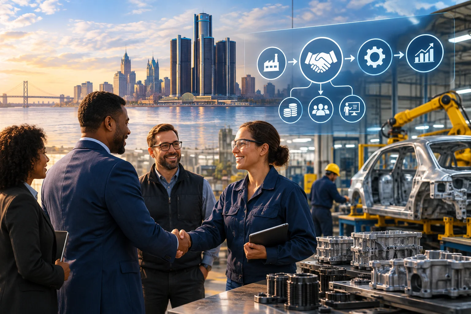 AI-generated editorial illustration for Michigan LIFT launches in Detroit to link industrial buyers with scalable suppliers