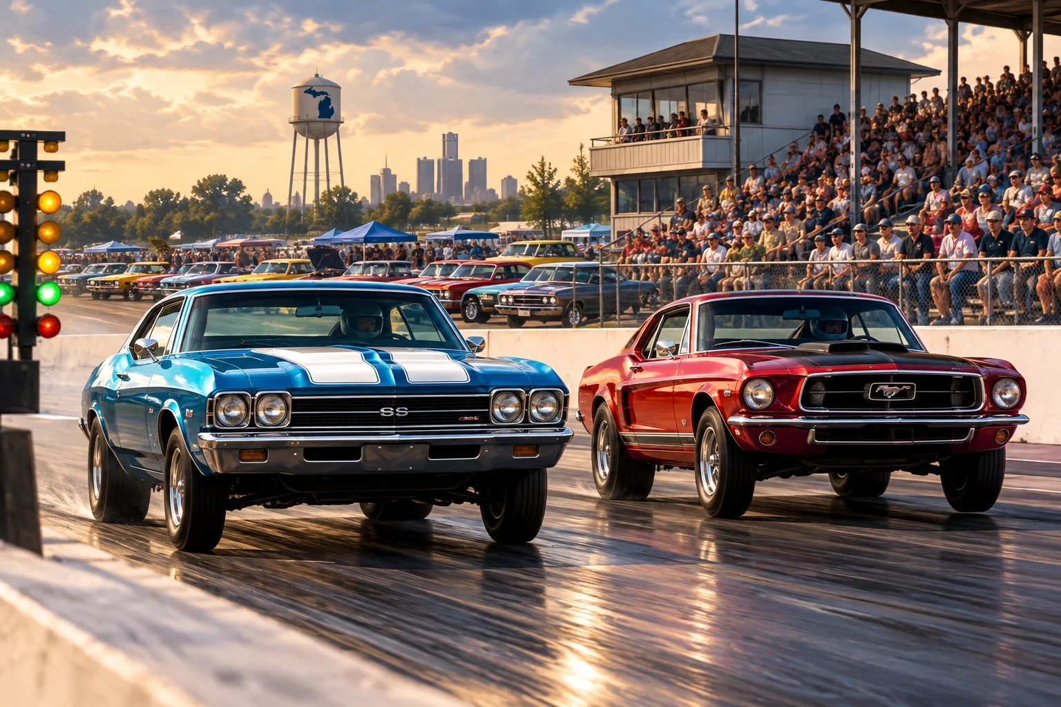 AI-generated editorial illustration for Pure Stock Muscle Car Drag Race brings 100+ classics to Mid Michigan Motorplex