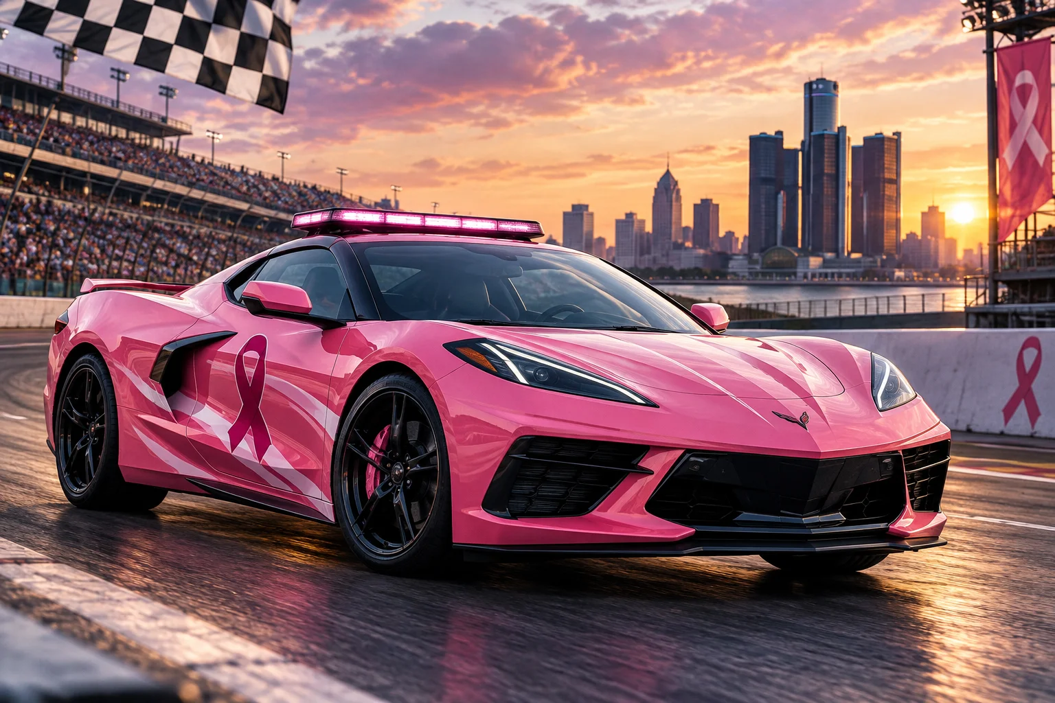 AI-generated editorial illustration for Pink Corvette Stingray Pace Car Returns for 2026 NASCAR Dates