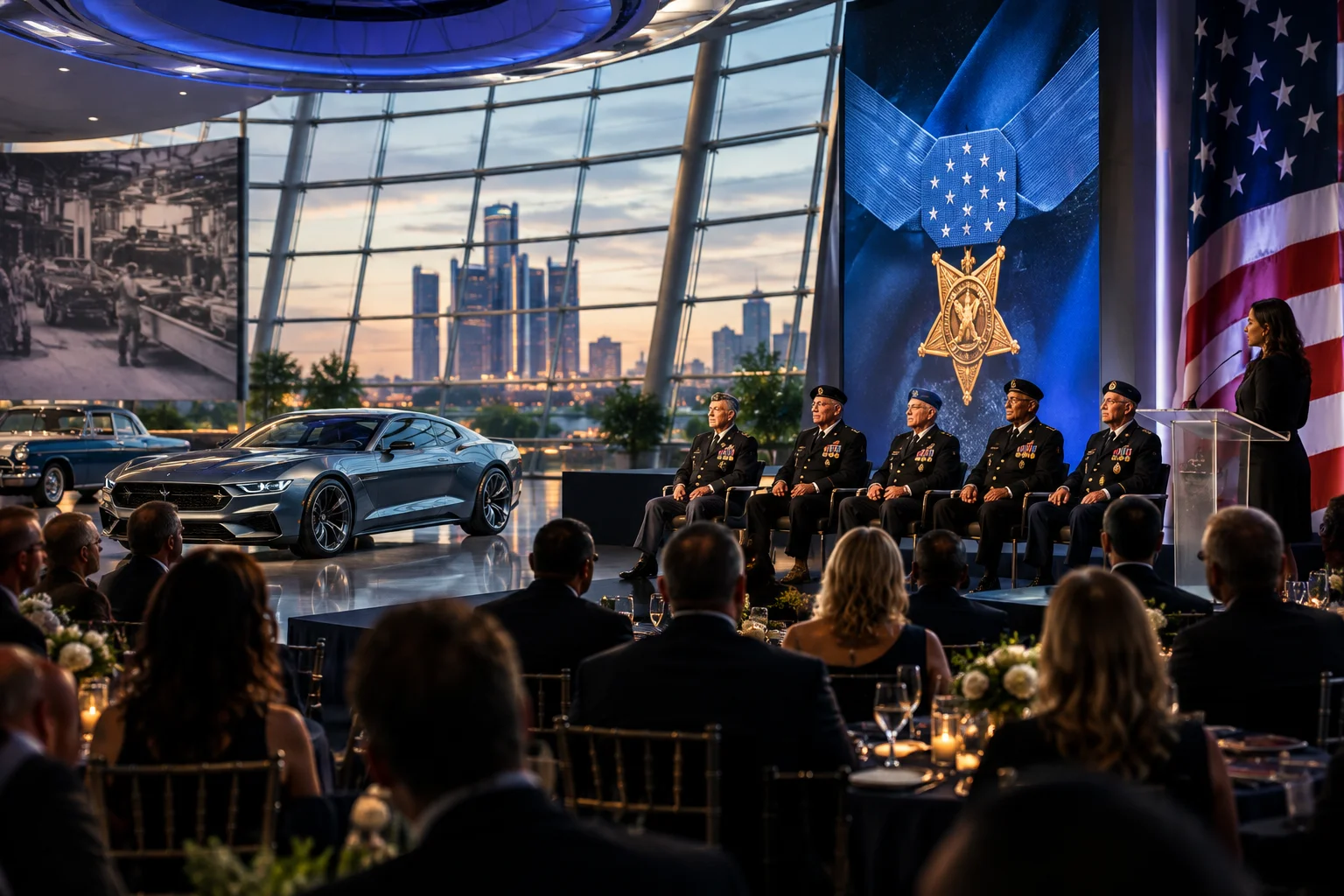 AI-generated editorial illustration for GM Defense hosts 'Valor & Velocity' gala at Warren Design Dome to honor living Medal of Honor recipients