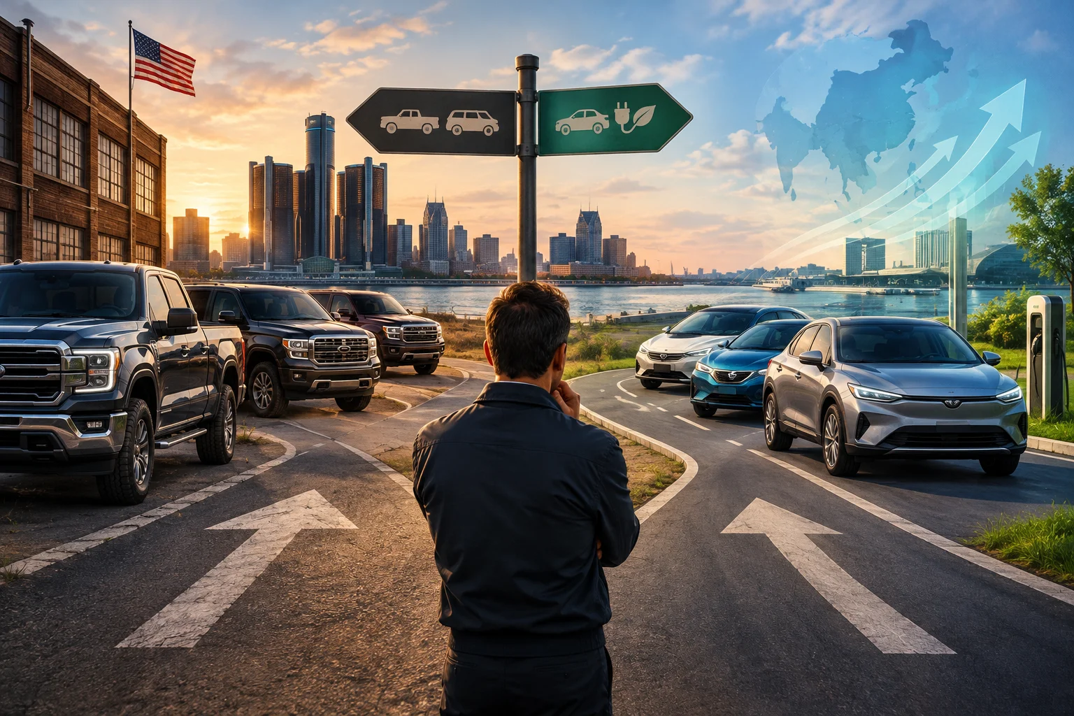 AI-generated editorial illustration for Detroit automakers face tightening growth options as Asian brands gain U.S. share