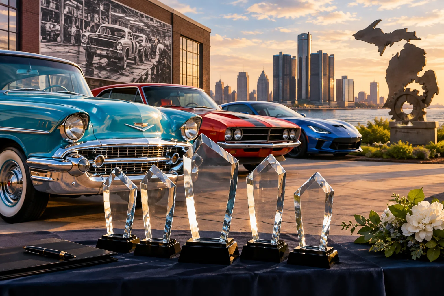 AI-generated editorial illustration for MotorCities reveals 2026 Awards of Excellence finalists ahead of Michigan Auto Heritage Day