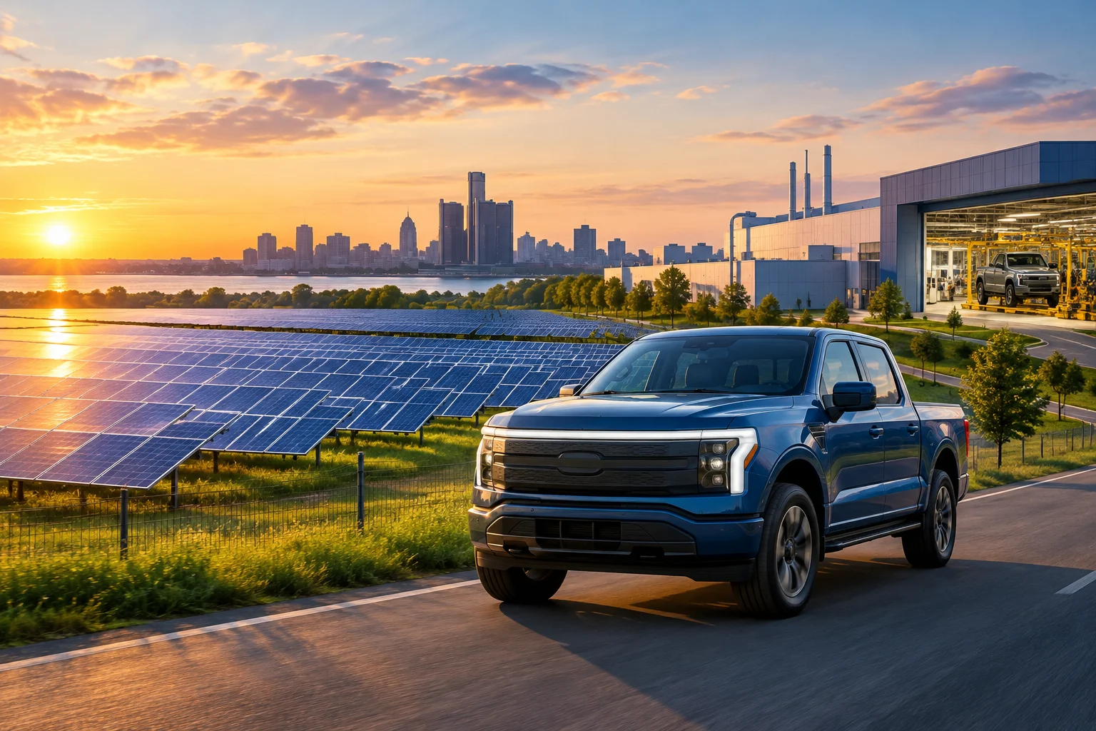 AI-generated editorial illustration for Cold Creek Solar Park finished; Ford pact brings Michigan assembly to 100% carbon-free electricity target