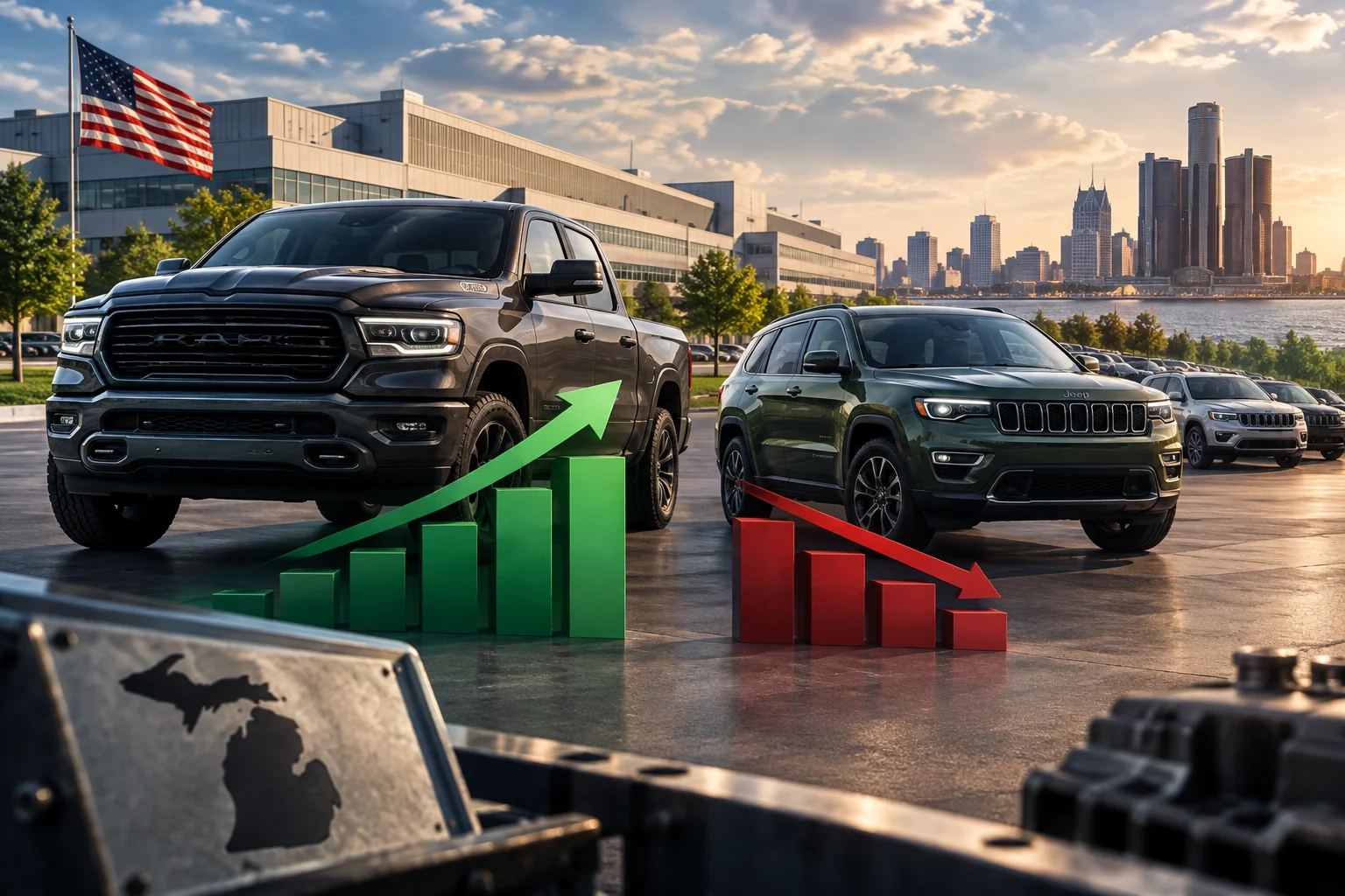 AI-generated editorial illustration for Stellantis Q3 North America Sales Flat as Ram Gains, Jeep Slips