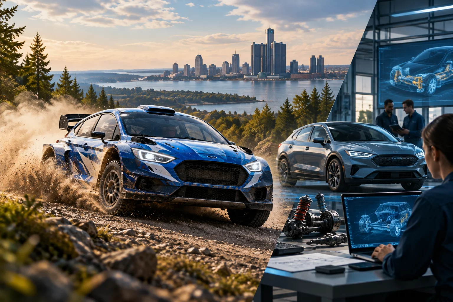 AI-generated editorial illustration for Ford Racing to Re-enter WRC from 2028, Steering Rally Tech Toward Passenger Cars