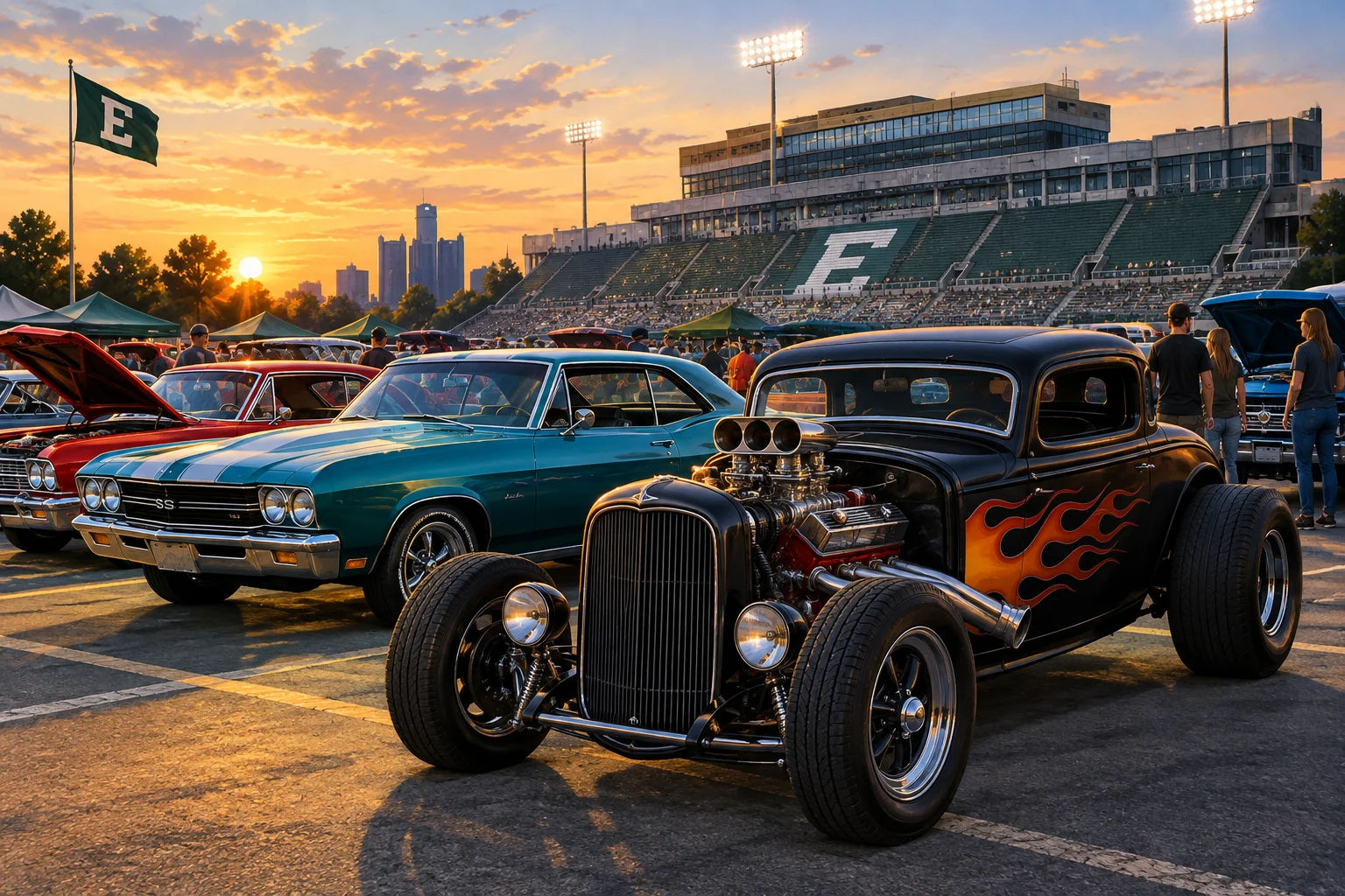 AI-generated editorial illustration for EMU Cruise Night Fuses Classic Iron and Custom Rods at Rynearson Stadium
