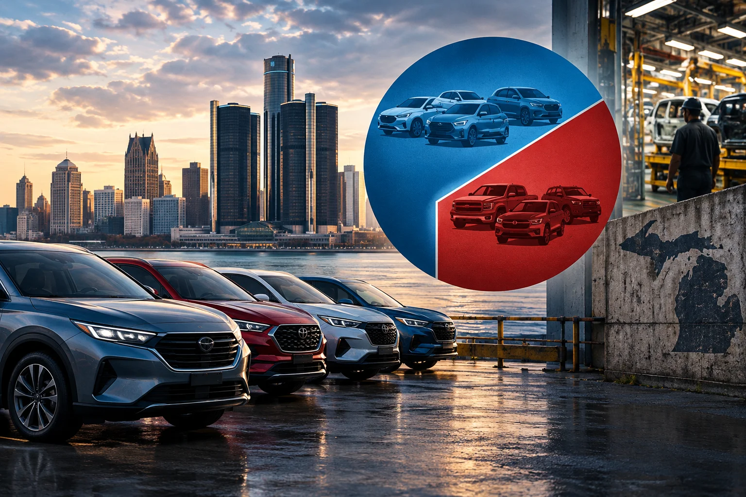 AI-generated editorial illustration for Detroit 3 Market Share Hits Record Low as Asian Brands Close In