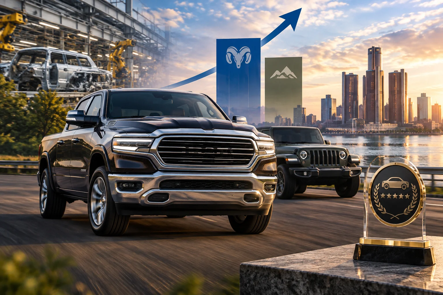 AI-generated editorial illustration for Ram 1500 Drives Big Q3 Gains as Ram Brand Overtakes Jeep in Volume