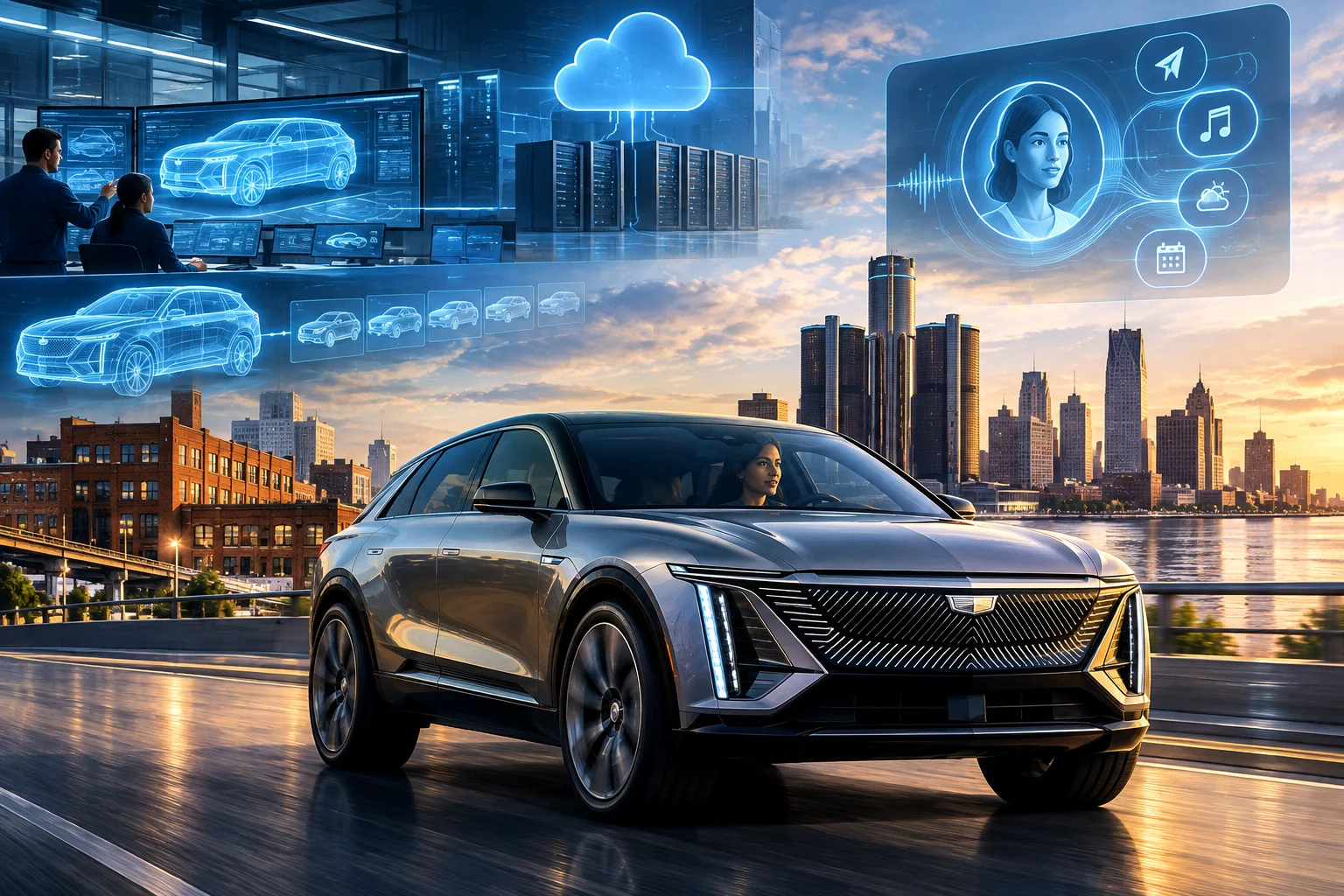 AI-generated editorial illustration for GM vows faster, AI-driven vehicle programs and new OnStar AI for 2027 LYRIQ