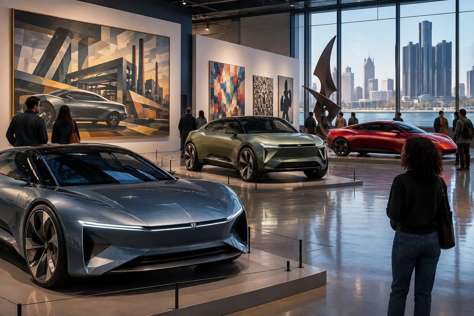 AI-generated editorial illustration for GM funds Detroit arts, opens Art + Cars exhibit linking concept vehicles and local artists