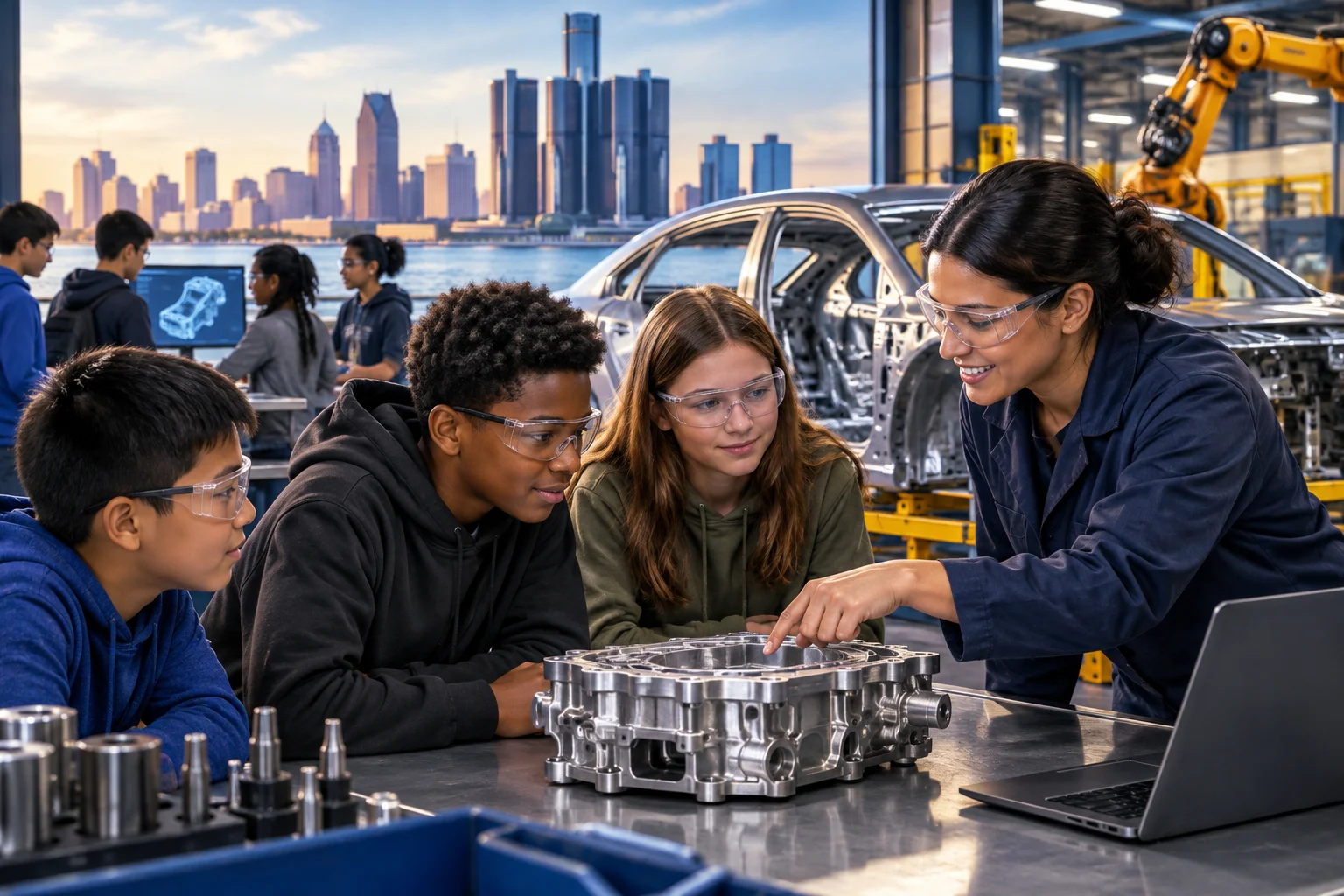 AI-generated editorial illustration for GM funds Manufacturing Futures to link middle-schoolers to advanced manufacturing in Michigan