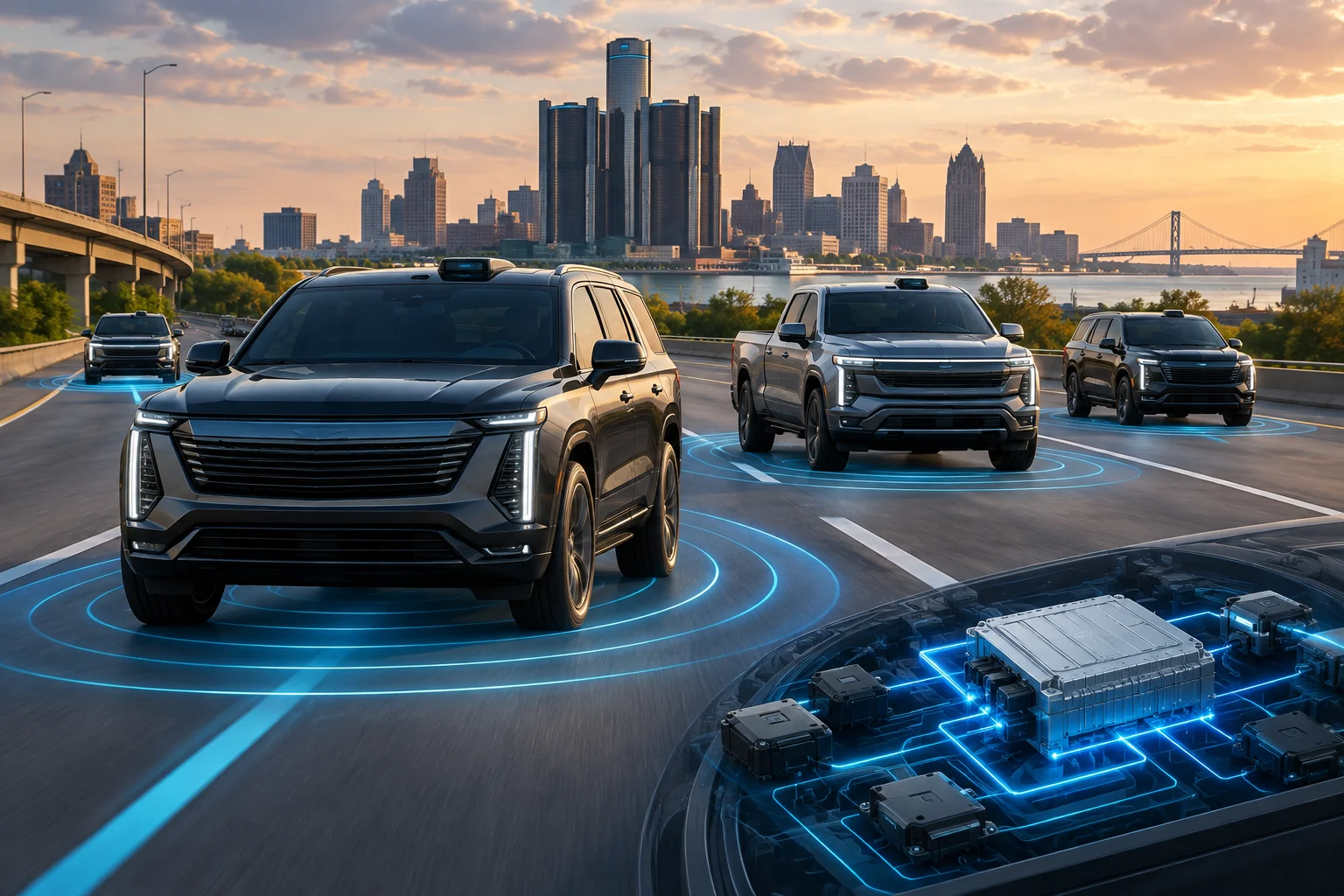 AI-generated editorial illustration for GM to Bring Autonomous Highway Driving to Full-Size SUVs and Light-Duty Pickups