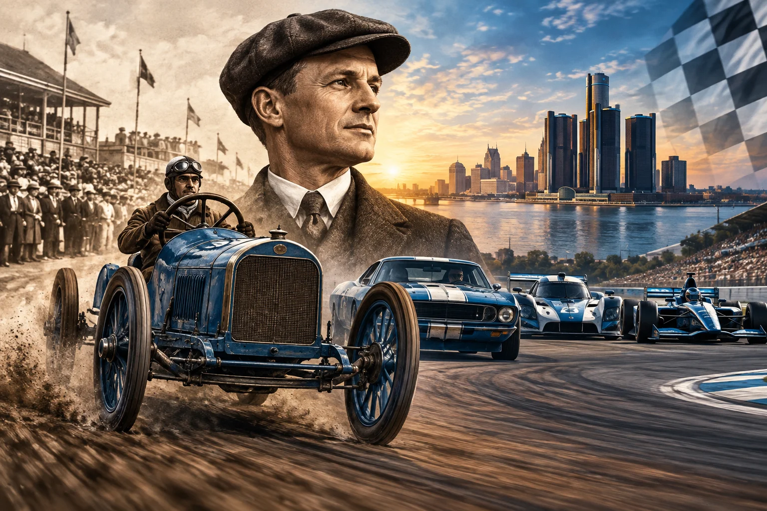AI-generated editorial illustration for Ford Frames 1901 Grosse Pointe Upset as Origin of 125 Years of Racing