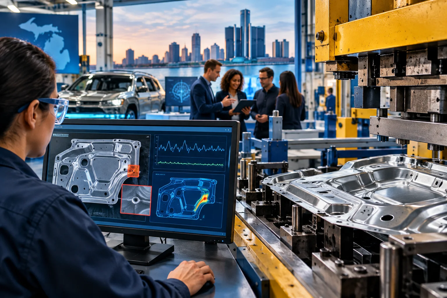 AI-generated editorial illustration for Stellantis’ Factory Booster Day Spotlights Michigan AI Win at Sterling Stamping