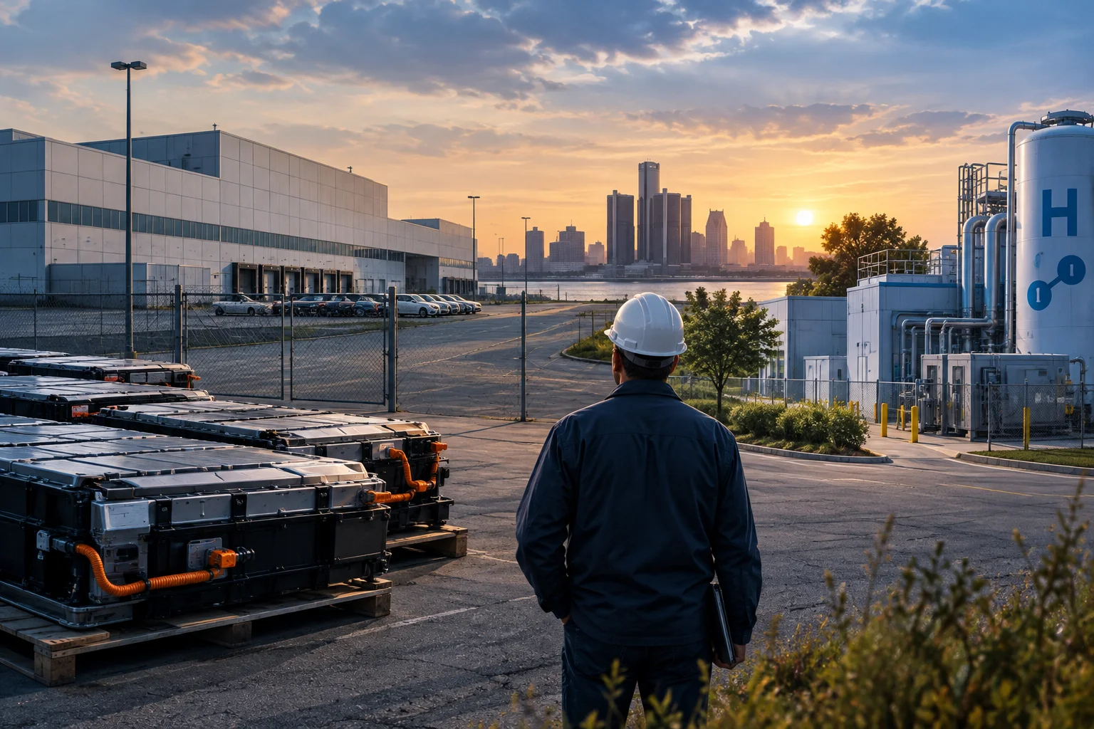 AI-generated editorial illustration for GM to Close Brownstown Battery Plant, Repurpose Detroit Fuel-Cell Site amid Softer EV Demand