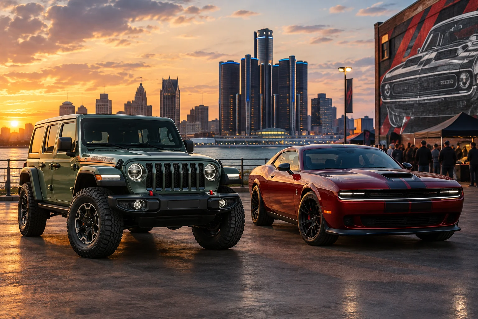 AI-generated editorial illustration for Jeep Revives Laredo Nameplate for 2027 Wrangler; Dodge Plans Charger 60th Tour Stops in Metro Detroit